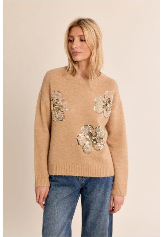 Knitted sweater, sequin flowers Beige