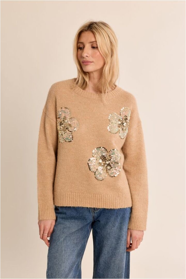 Knitted sweater, sequin flowers Beige