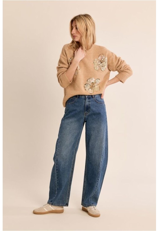 Knitted sweater, sequin flowers Beige