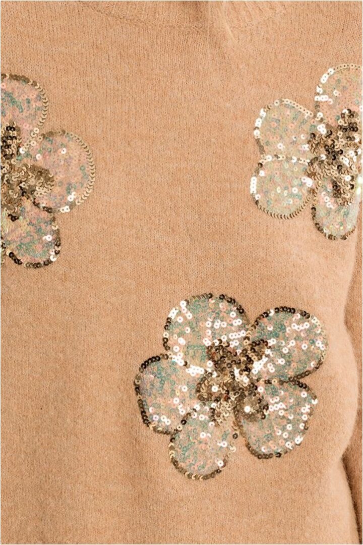 Knitted sweater, sequin flowers Beige