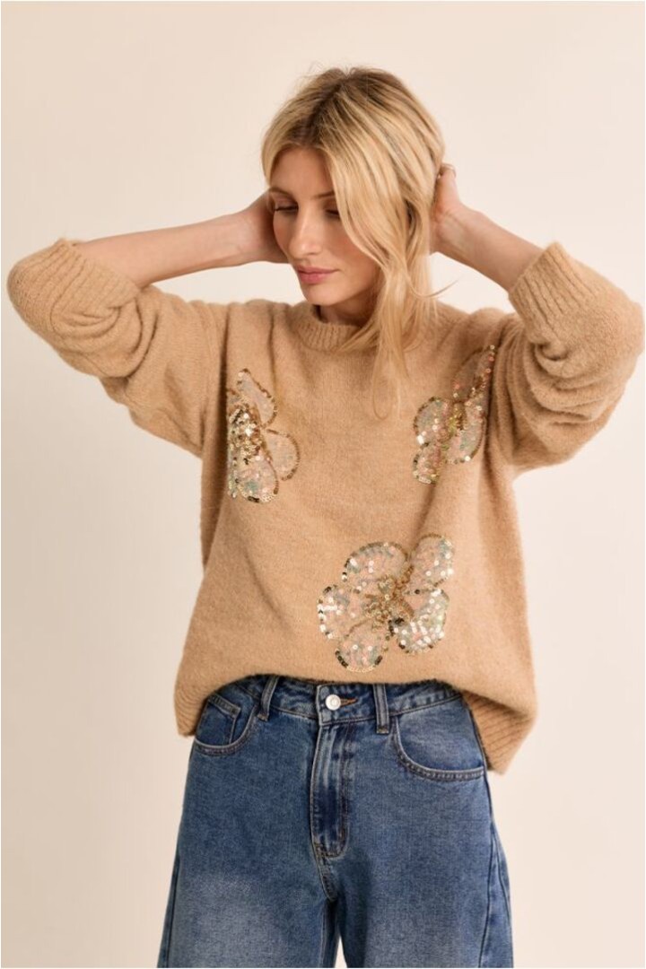 Knitted sweater, sequin flowers Beige