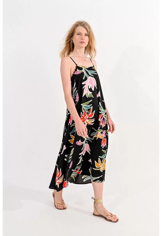 FLARE PRINTED DRESS WITH BACK KNOT BLACK JUNE