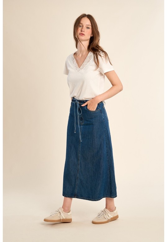 Long denim skirt, knotted Denim Blue