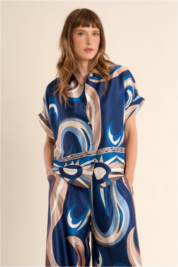 Short-sleeved blouse, satin effect Navy Athena