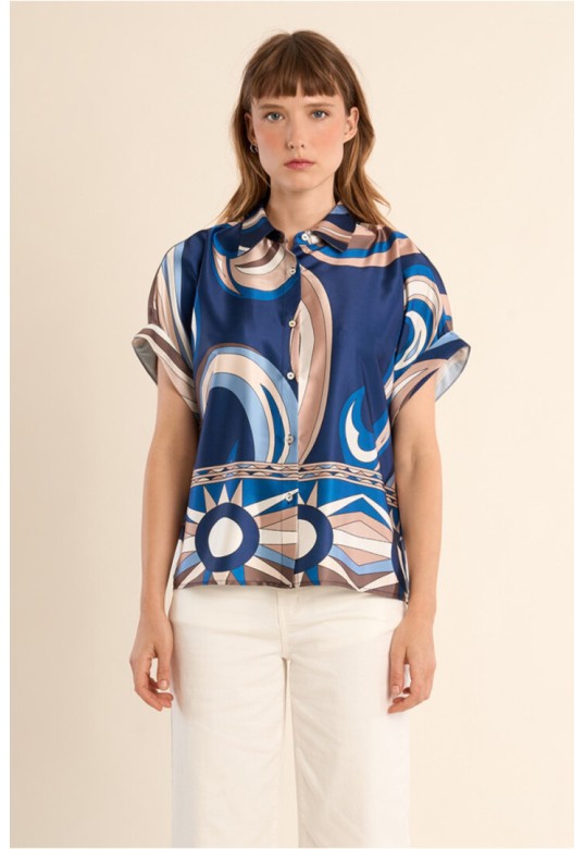 Short-sleeved blouse, satin effect Navy Athena