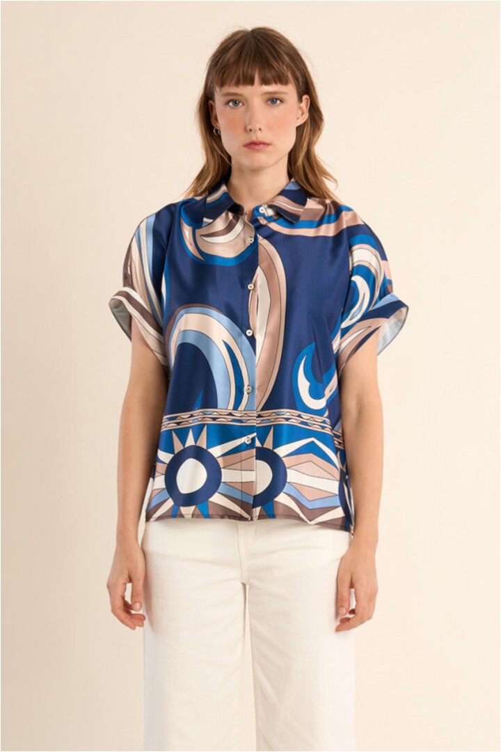 Short-sleeved blouse, satin effect Navy Athena