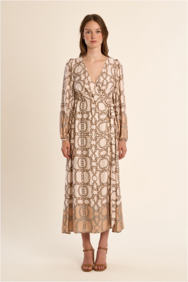 Long wrap dress, printed Offwhite Diane