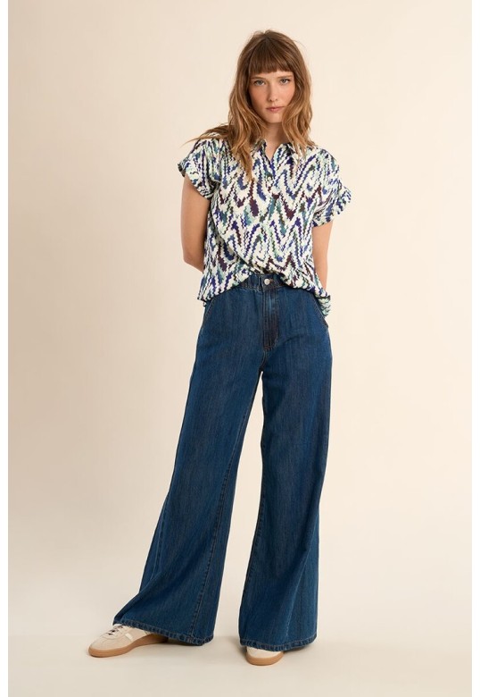 Short-sleeved blouse, printed Blue Camille