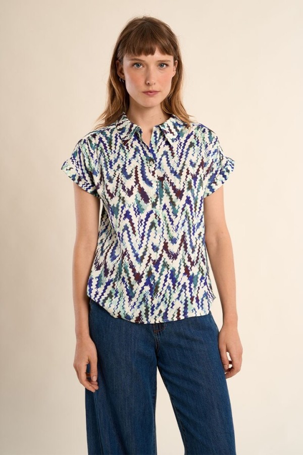Short-sleeved blouse, printed Blue Camille