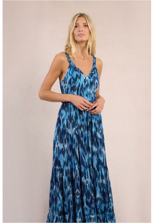 Long dress with ruffles, printed Blue Indigo