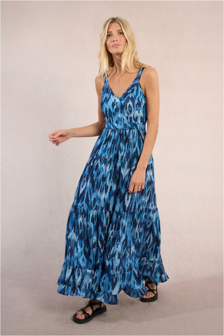 Long dress with ruffles, printed Blue Indigo