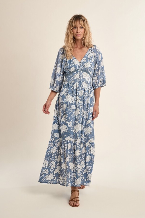 Long printed dress, in cotton Blue Diviya