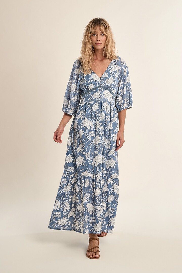 Long printed dress, in cotton Blue Diviya