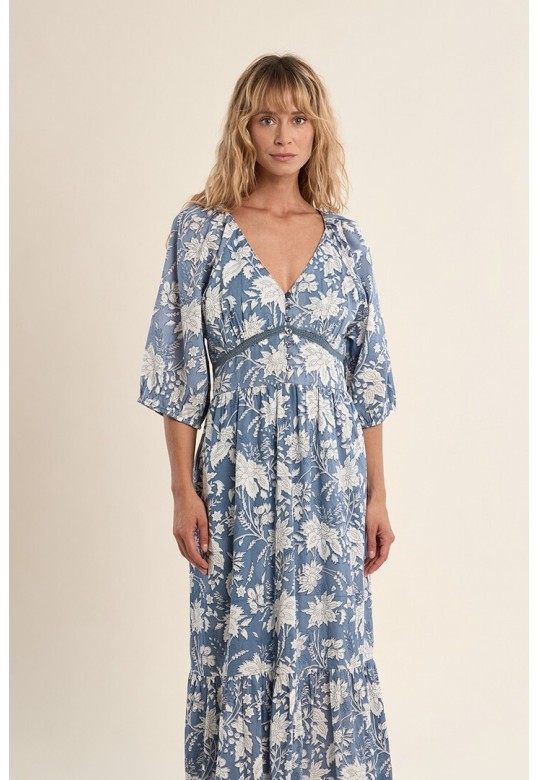 Long printed dress, in cotton Blue Diviya