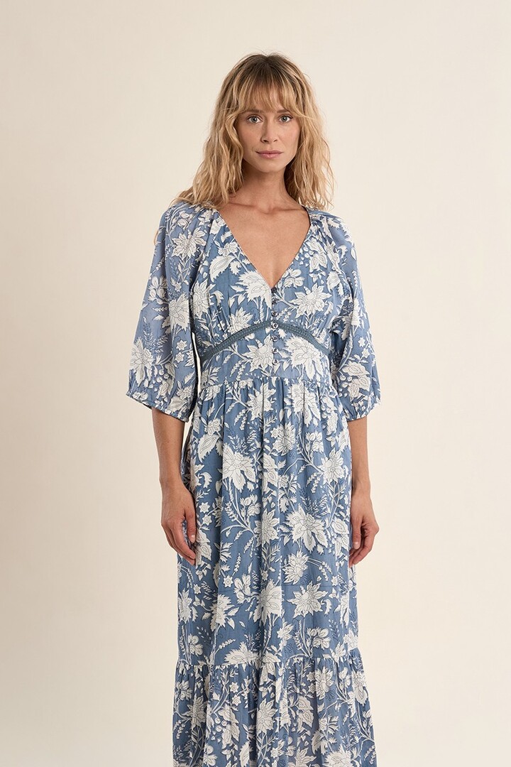 Long printed dress, in cotton Blue Diviya