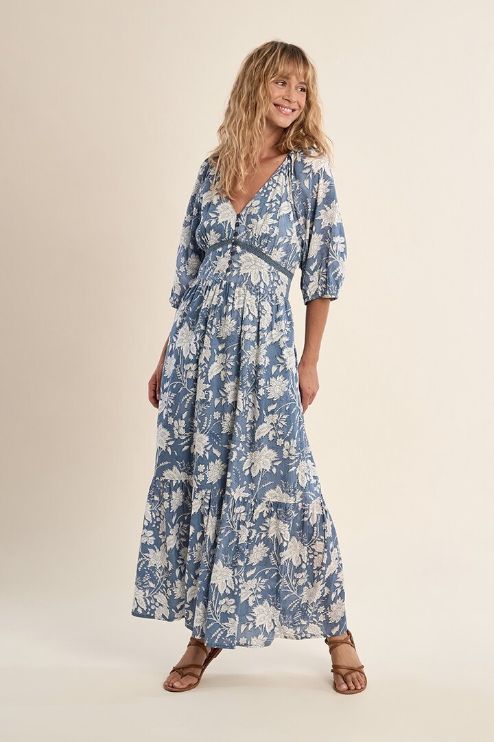 Long printed dress, in cotton Blue Diviya
