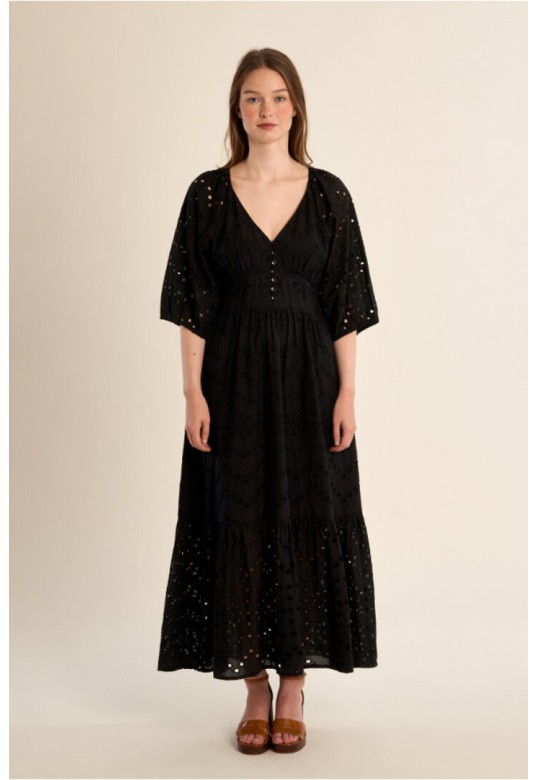 Long cotton dress, openwork embroidery Black