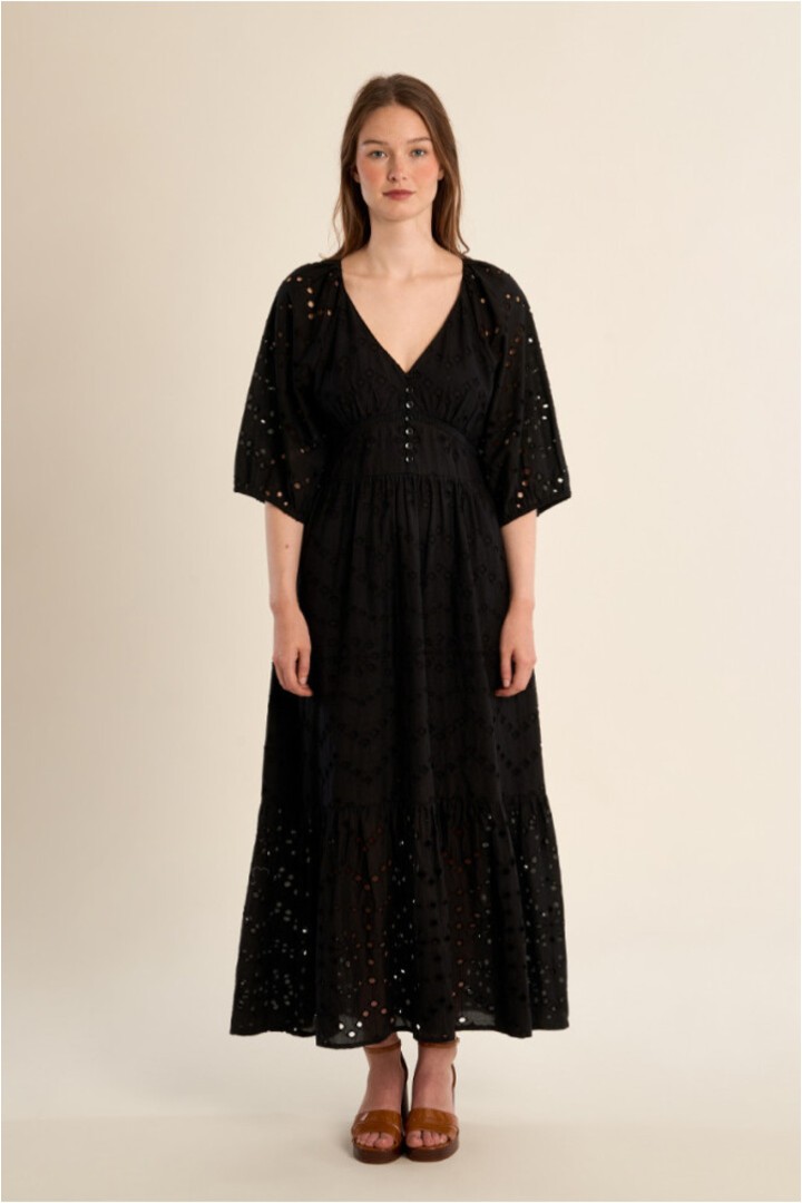 Long cotton dress, openwork embroidery Black