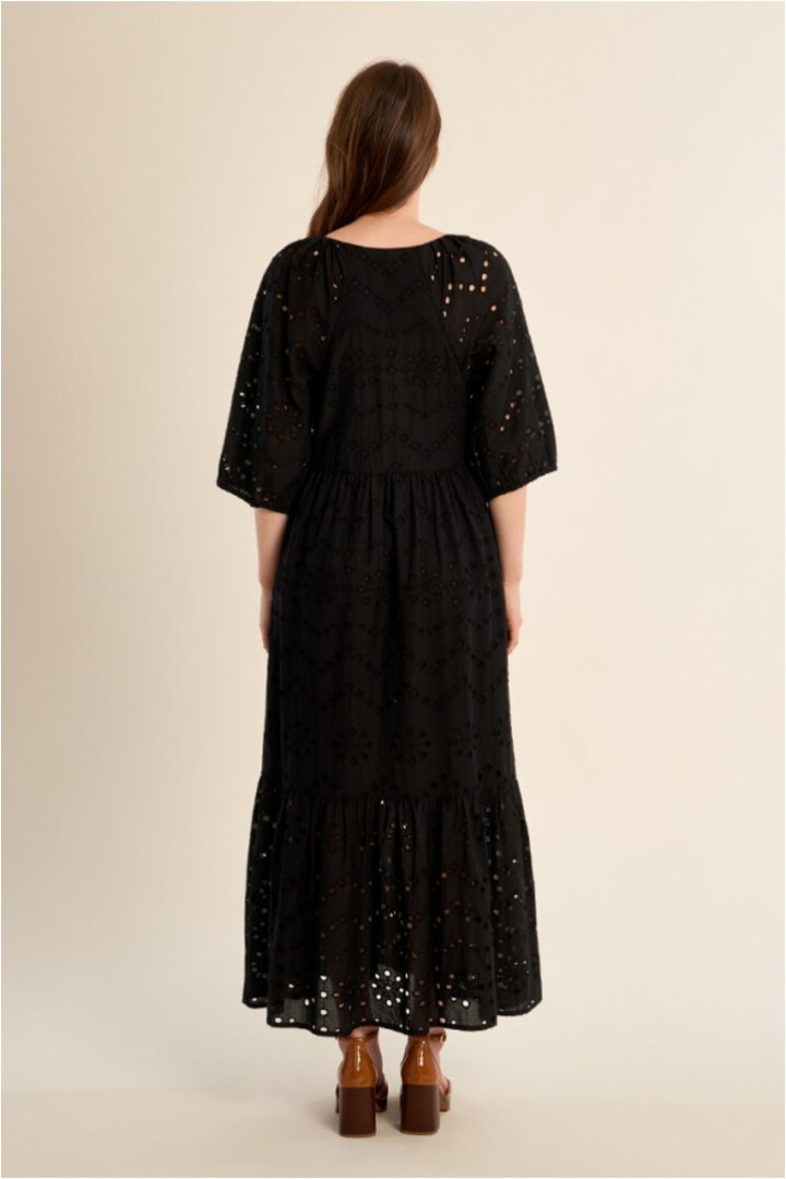 Long cotton dress, openwork embroidery Black
