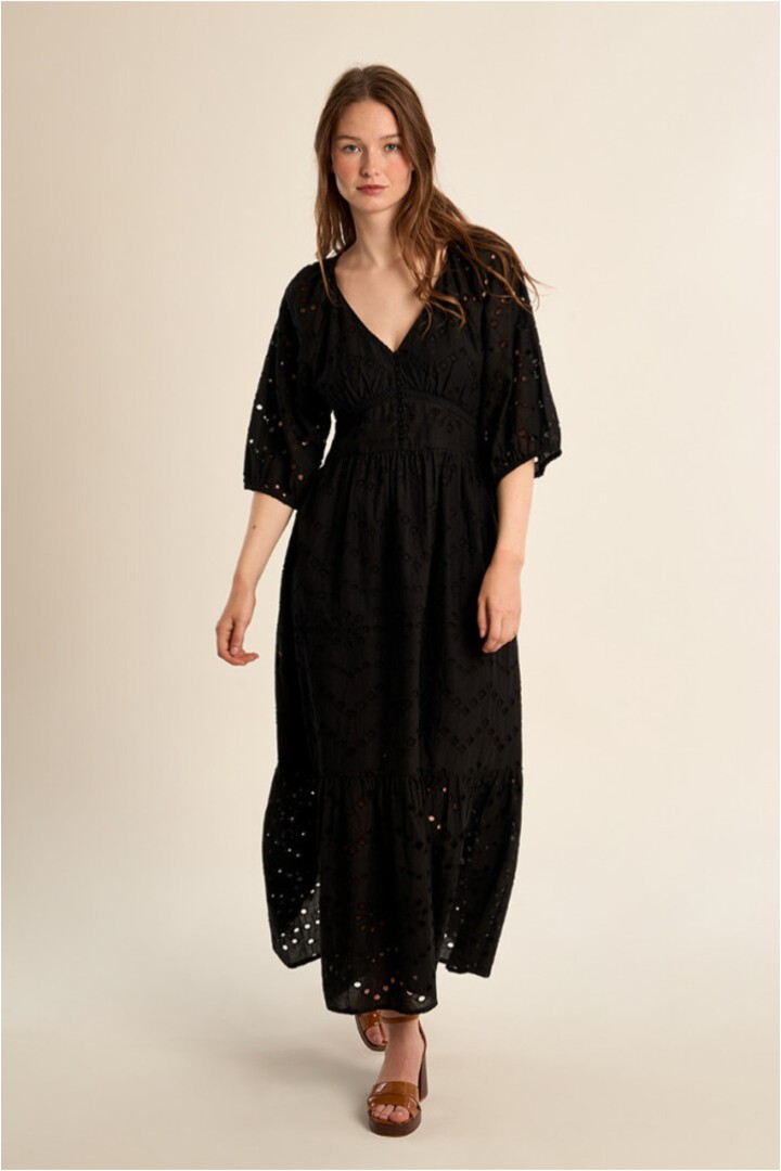 Long cotton dress, openwork embroidery Black