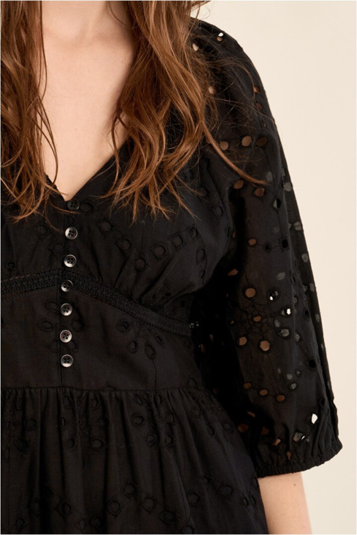Long cotton dress, openwork embroidery Black