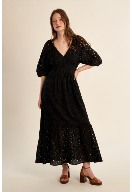 Long cotton dress, openwork embroidery Black