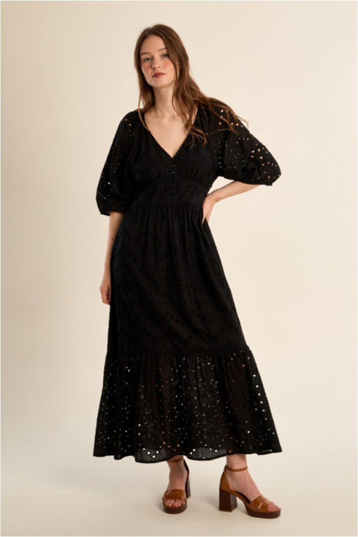 Long cotton dress, openwork embroidery Black