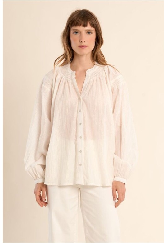 Cotton blouse, mandarin collar White