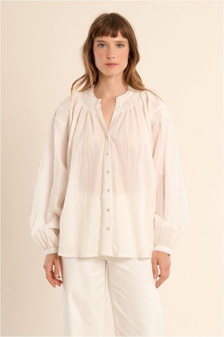 Cotton blouse, mandarin collar White