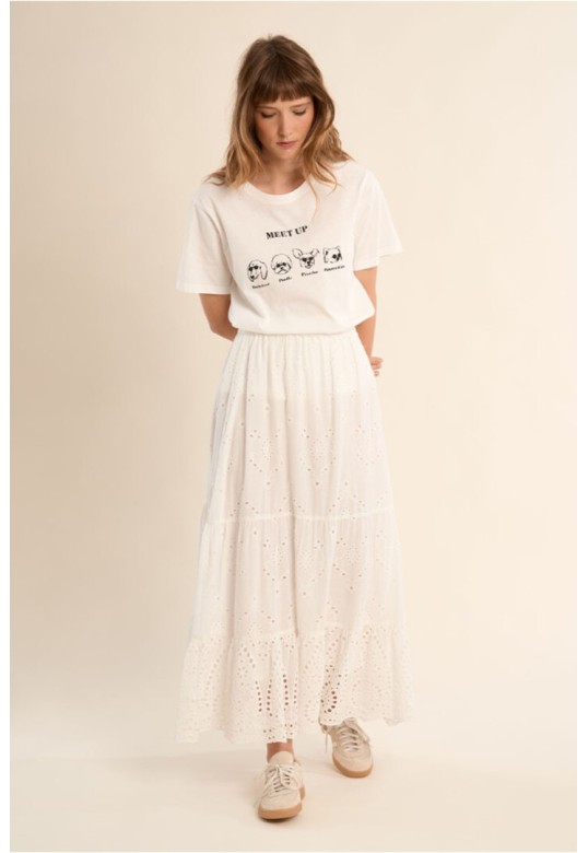 Long cotton skirt, with broderie anglaise