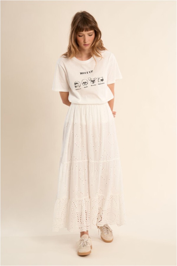 Long cotton skirt, with broderie anglaise