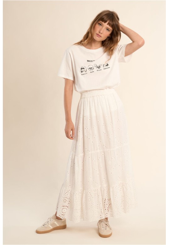 Long cotton skirt, with broderie anglaise