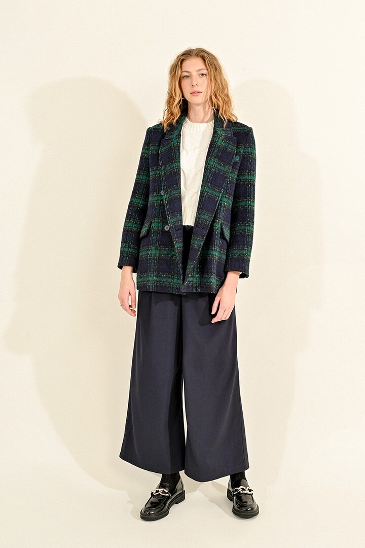 CHECKED WOOL-BLEND COAT NAVY BLUE