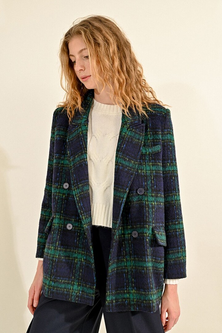 CHECKED WOOL-BLEND COAT NAVY BLUE