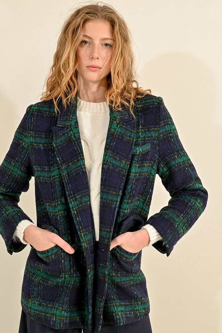 CHECKED WOOL-BLEND COAT NAVY BLUE