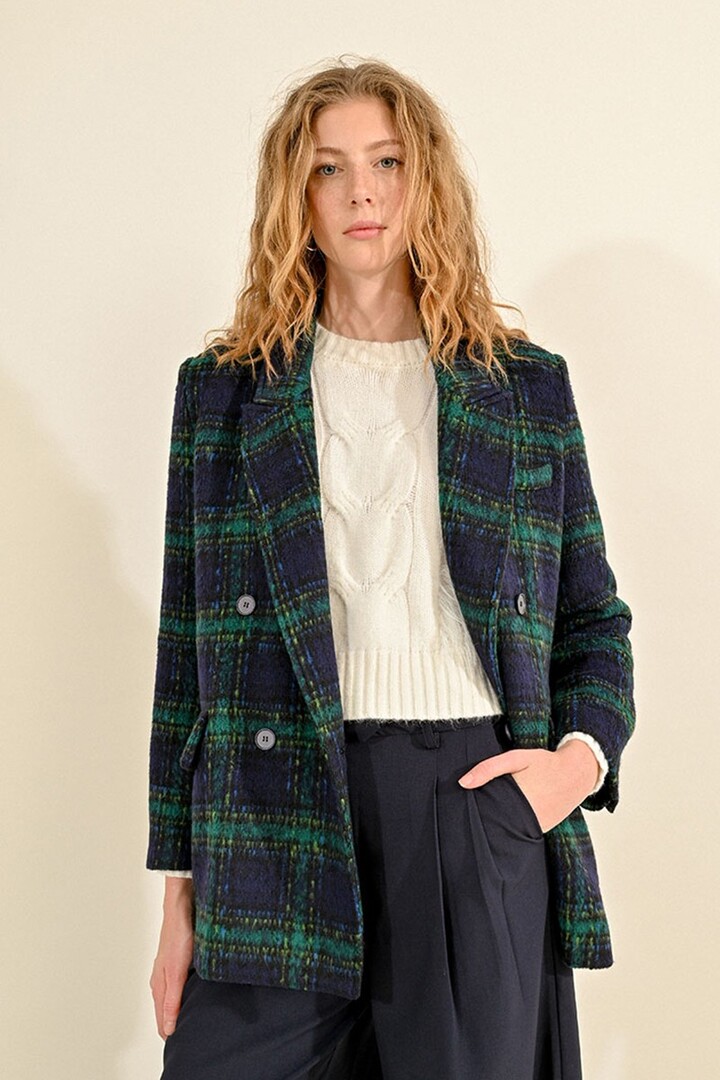 CHECKED WOOL-BLEND COAT NAVY BLUE