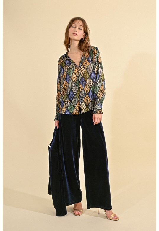 FLOWING VELVET PANNE PANTS NAVY BLUE