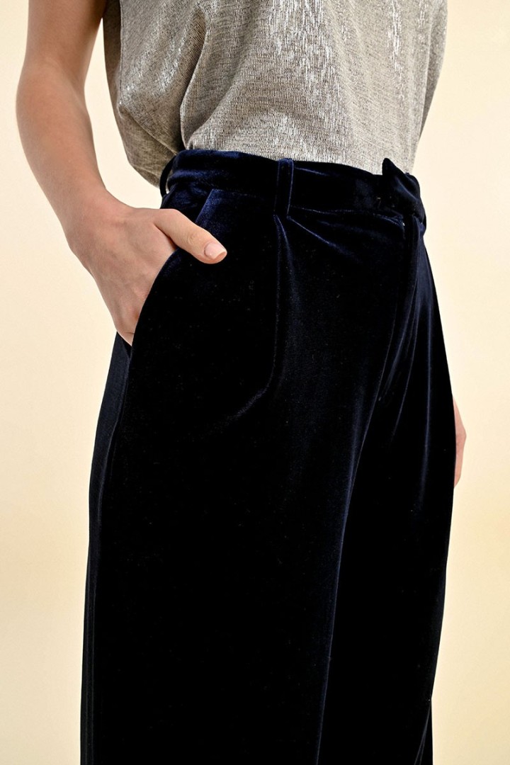 FLOWING VELVET PANNE PANTS NAVY BLUE