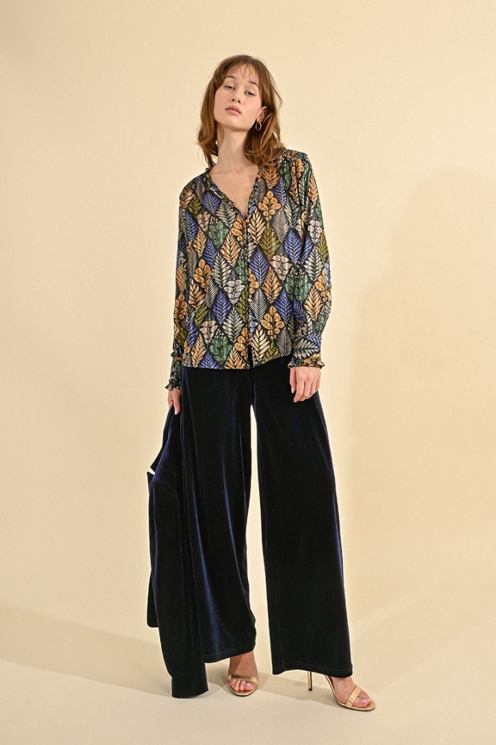 FLOWING VELVET PANNE PANTS NAVY BLUE