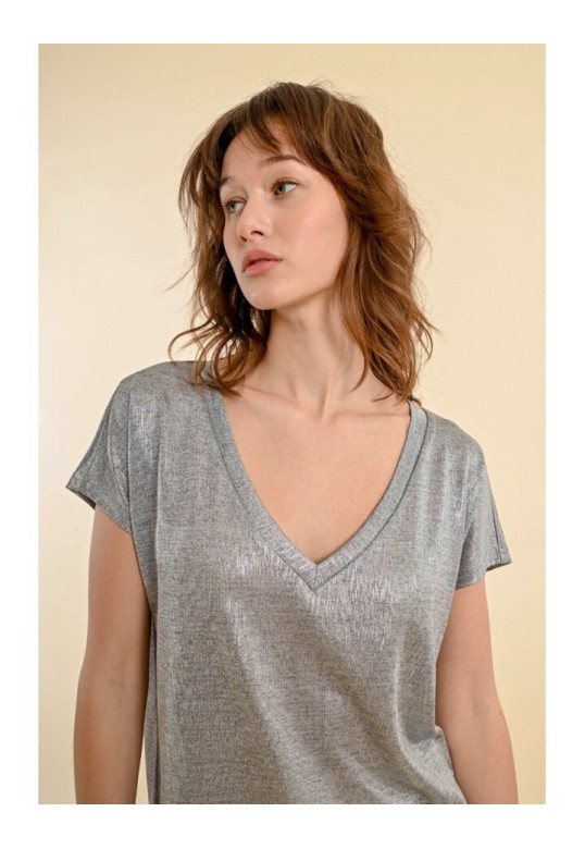 IRIDESCENT V-NECK T-SHIRT SILVERY GREY