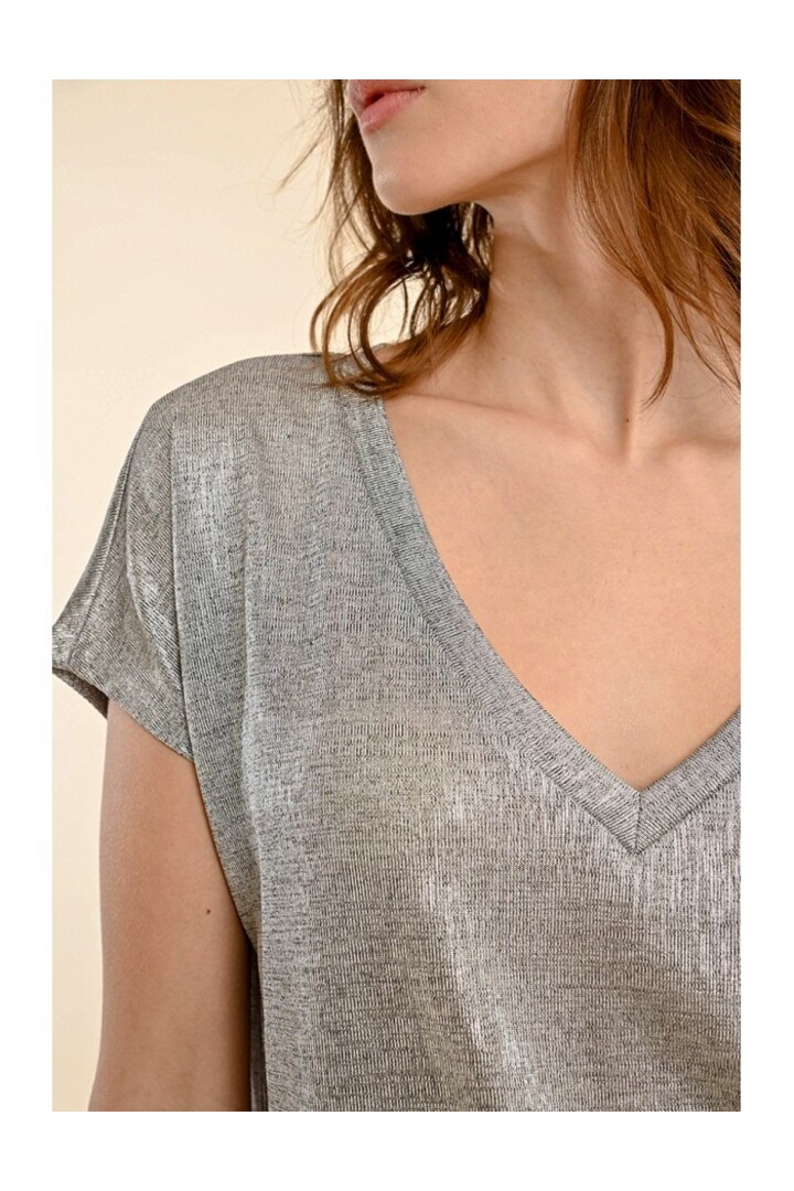 IRIDESCENT V-NECK T-SHIRT SILVERY GREY