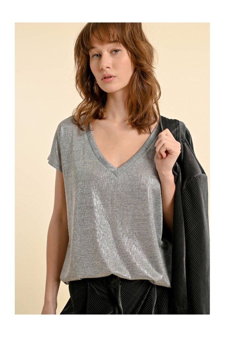 IRIDESCENT V-NECK T-SHIRT SILVERY GREY