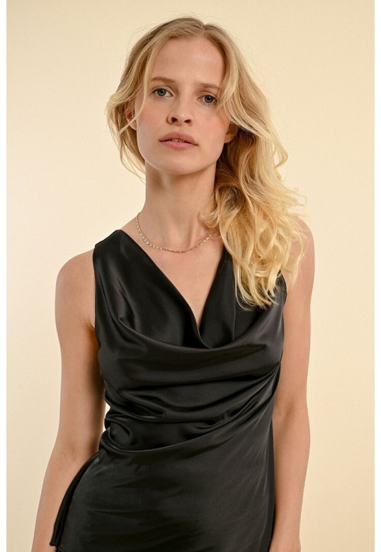 SATIN TOP, COWL NECK BLACK