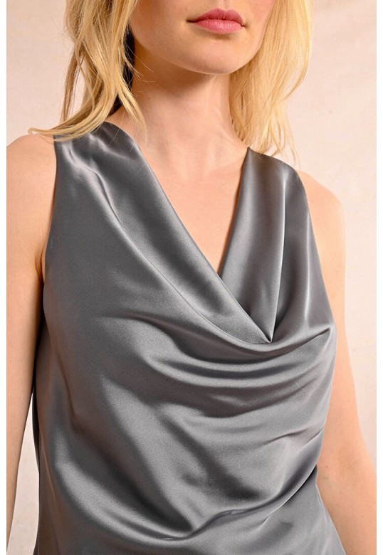 SATIN TOP, COWL NECK GUN METAL