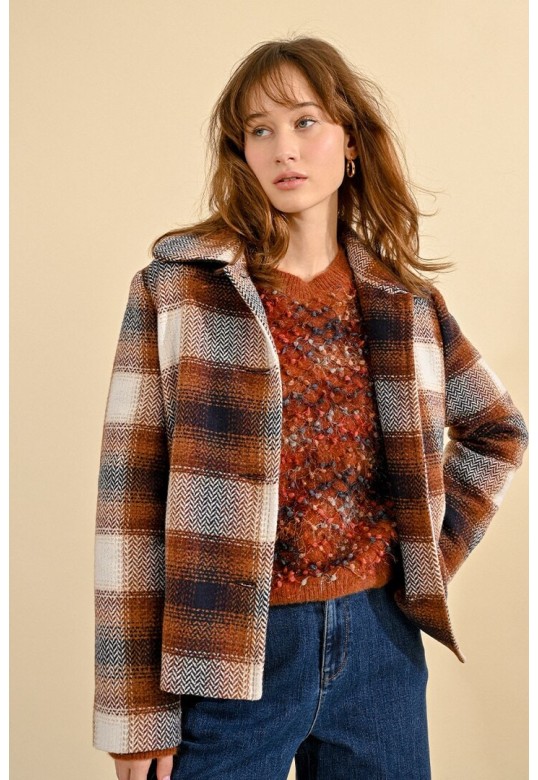 SHORT CHECKED COAT BROWN