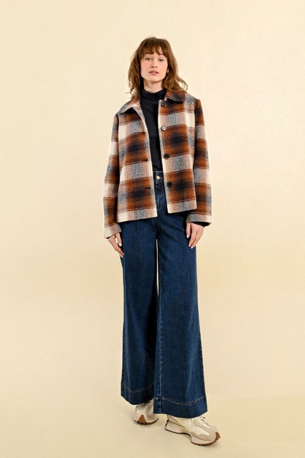 SHORT CHECKED COAT BROWN