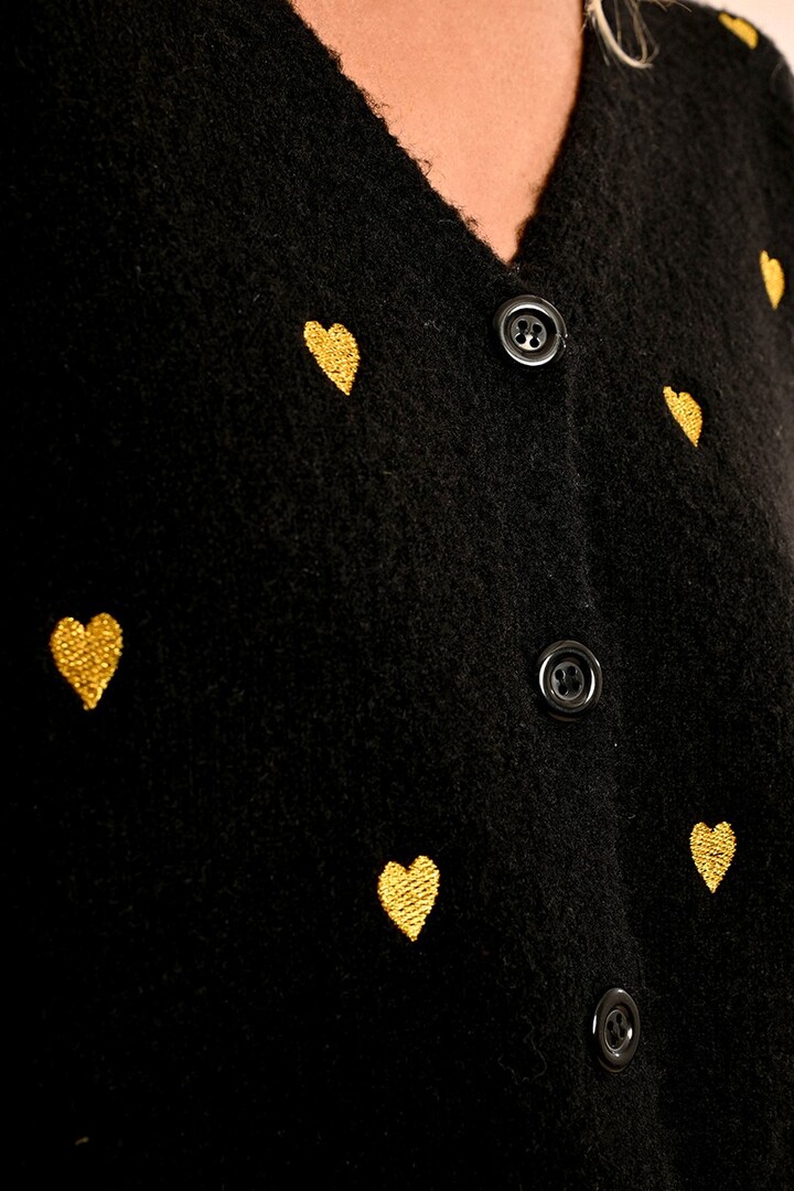 SHORT V-NECK CARDIGAN, HEART PATTERN BLACK