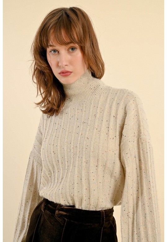 SWEATER WITH HIGH COLLAR AND PUFFED SLEEVES OFF WHITE