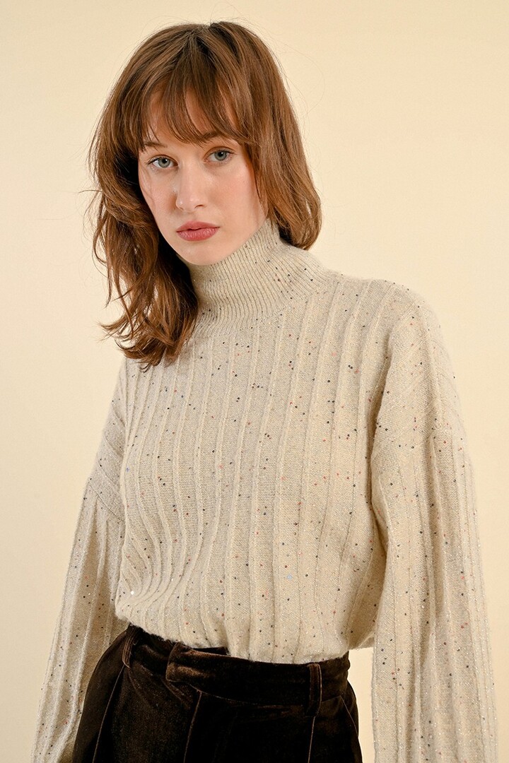 SWEATER WITH HIGH COLLAR AND PUFFED SLEEVES OFF WHITE