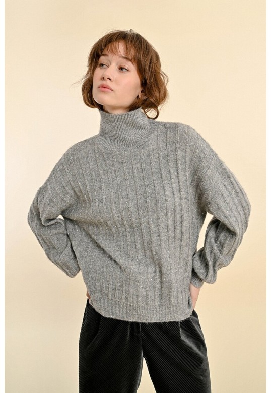 SWEATER WITH HIGH COLLAR AND PUFFED SLEEVES SILVER